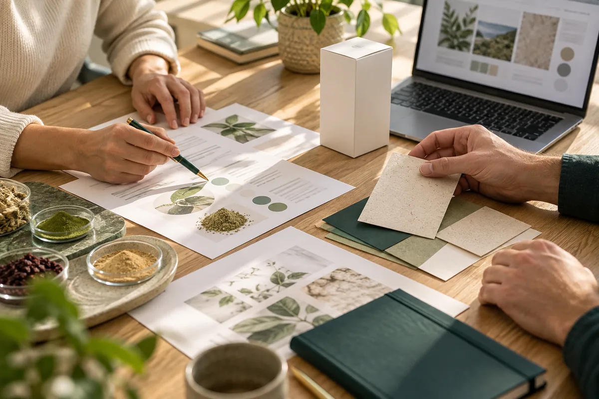 Editorial illustration of a person reviewing notes and product materials at a desk